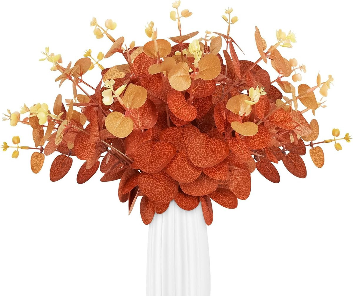 30 stuks Kunstmatige Eucalyptus Stengels met Oranje Gebladerte voor Herfstdecoratie