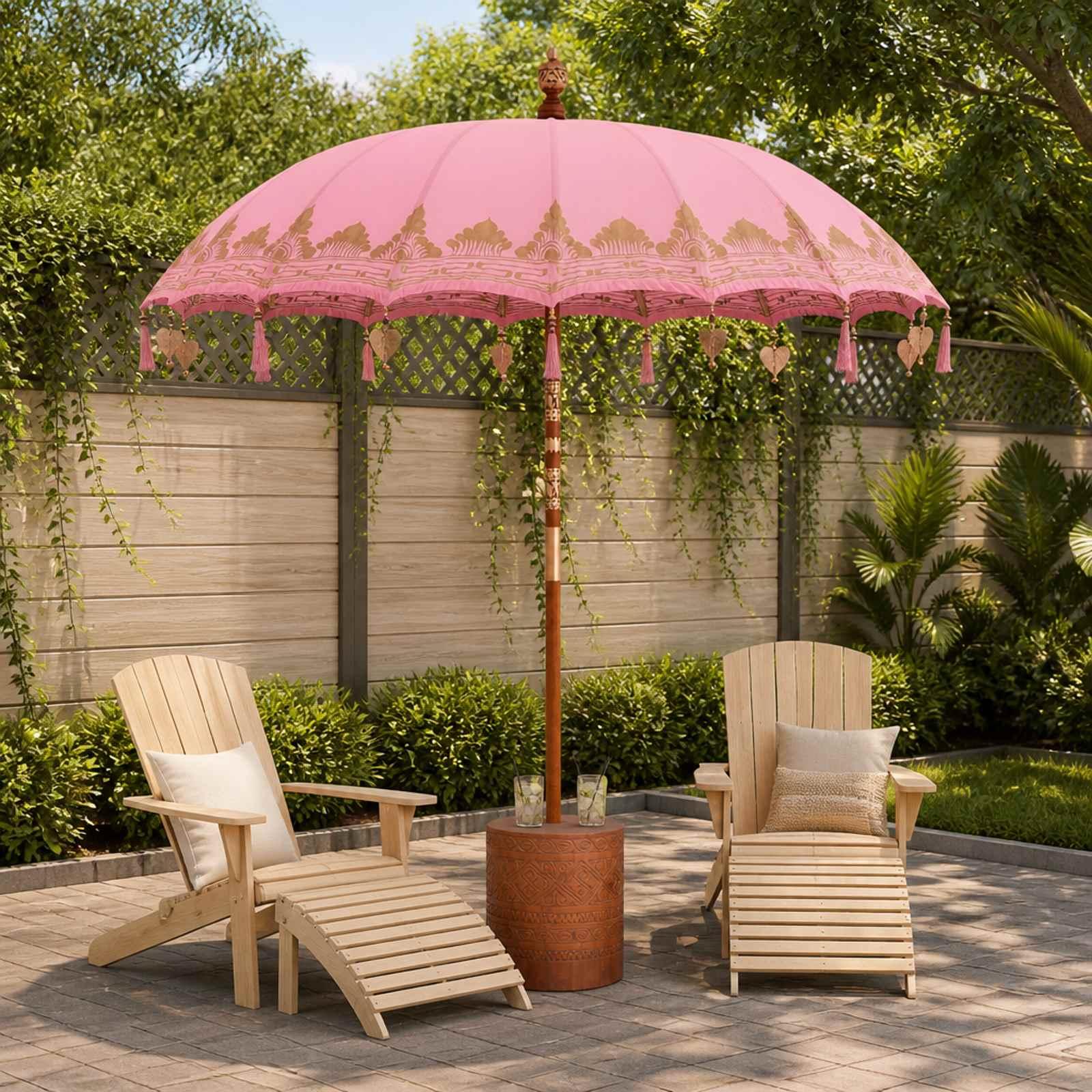 Balinesischer Sonnenschirm mit Sockel Pink und Braun
