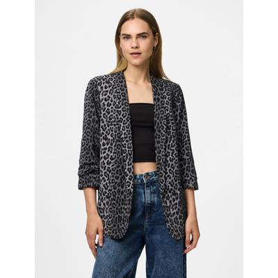 Blusenblazer PIECES "PCBOSELLA 3/4 PRINTED BLAZER NOOS", Damen, Gr. L, bunt (grau aop:leo), Web, Obermaterial: 98% Polyester, 2% Elasthan, bedruckt, figurumspielend hüftbedeckend, V-Ausschnitt, Blazer Blusenblazer, mit 3/4 Ärmel