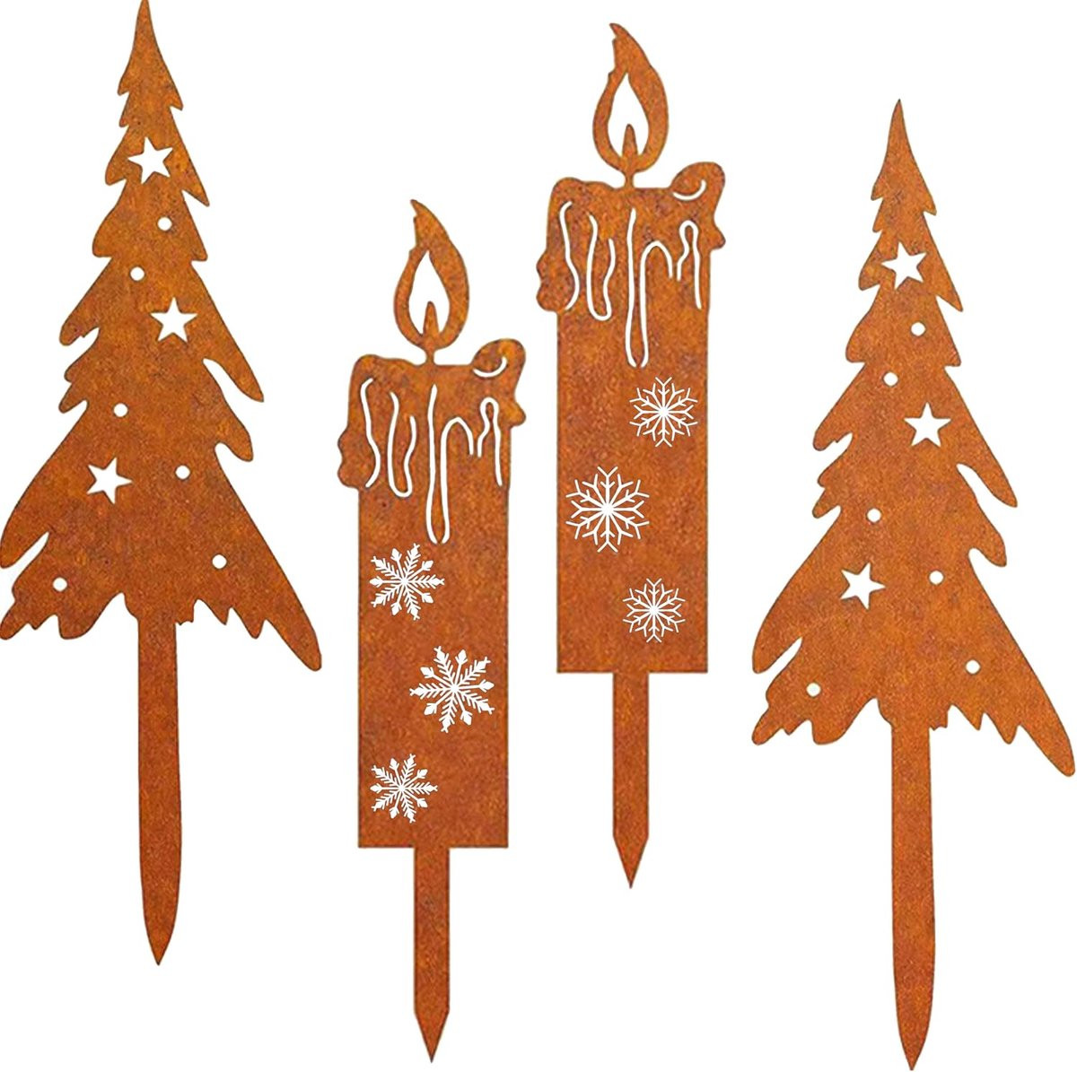 Set van 4 roestkleurige kerstboomkaarsen voor buiten en tuin decoratie