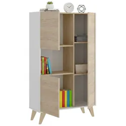 Dmora Sideboard Boario, Hohes Buffet für Wohnzimmer, Modernes Sideboard für Wohnzimmer mit 3 Türen, 81x43h135 cm, Eiche und Weiß