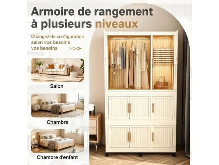 URTR Armoire modulaire pliable en plastique 9 portes magnétiques 1 tringle 6 roulettes 6 cintres grand rangement pratique