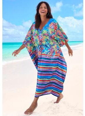 Plus Size Women's Ruched Caftan Cover Up by Swim 365 in Rainbow Paradise (Size 14/16)