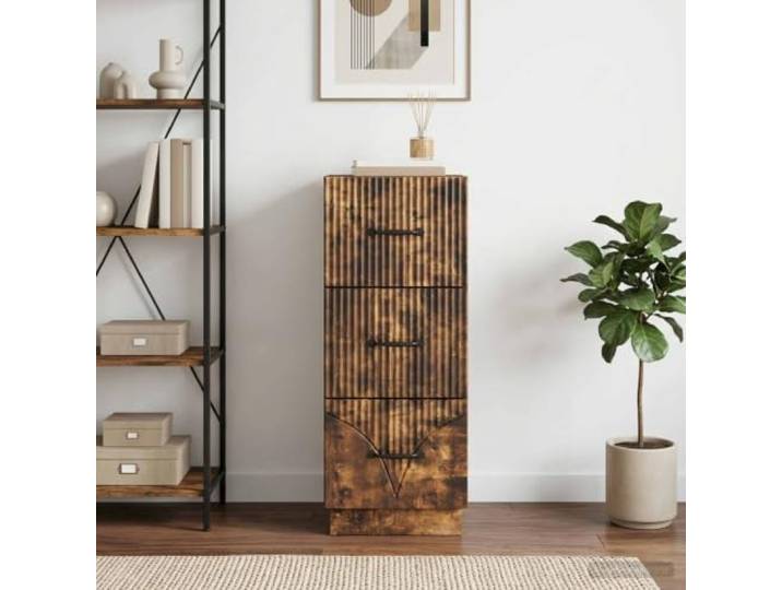 Schubladenschrank 33 x 34,5 x 87 cm Holzwerkstoff Räuchereiche Vintage Stangengriffe, pflegeleichte Oberfläche, vielseitige Aufbewahrung, nostalgisches Design