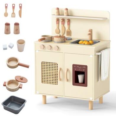Costway Wooden Pretend Kitchen Playset with Realistic Ice Maker-Yellow