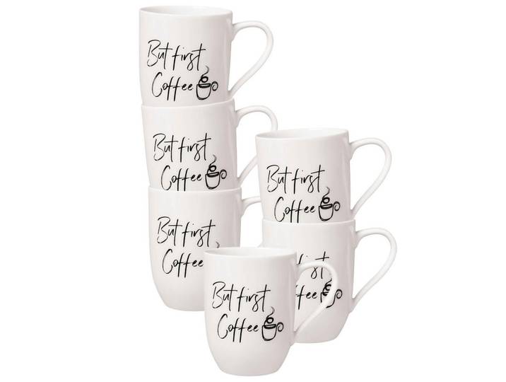 Villeroy & Boch Becher MIT Henkel 'But First Coffee' Statement weiß 290 ml 6er Set, Weiß, Keramik, Geschirr, Tassen, Kaffeebecher