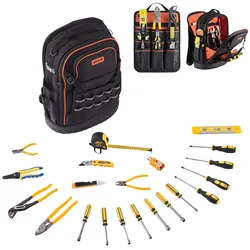 VEVOR Werkzeugrucksack mit 65 Taschen, Backpack inkl. 21-teiliges Werkzeugset, Werkzeugtasche mit Laptopfach, für Elektriker, Reparaturtechniker und Heizungs-, Lüftungs- und Klimatechniker