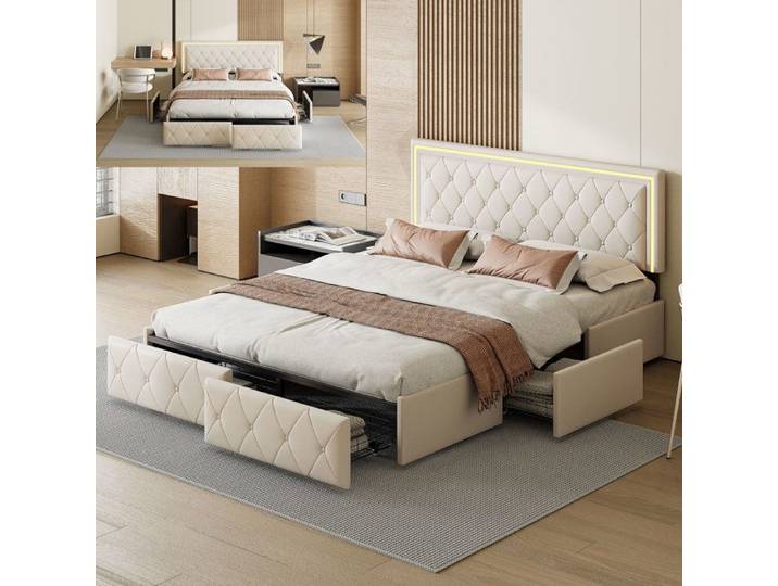 Lit 140x200 cm - LED - tissu en PU - cadre de lit adulte - lit adulte 140x200 cm - 140x200 cm - Gris