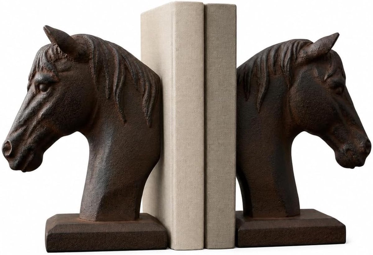 Paardenkop Boekensteunen Set van 2 Bruin Antiek Effect Hoogte: 18 cm