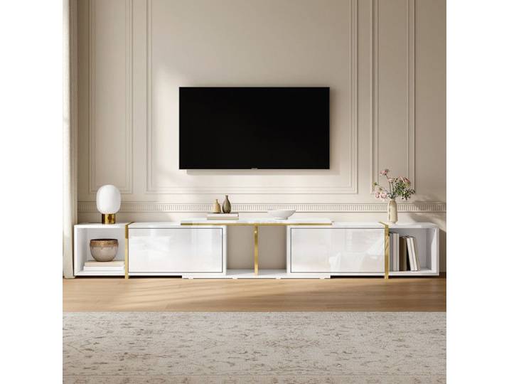 Meuble TV extensible Meuble TV moderne 275x35x32cm Meuble TV bas avec 2 portes Rangement ouvert Design moderne Meuble de salon