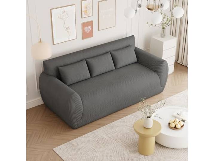 Vesgantti Cord 3 Sitzer Sofa, Montagefrei, 200 cm lang, Compressed Sofa mit 3 Stützkissen für Wohnzimmer, Schlafzimmer (Grau, Dreisitzer)