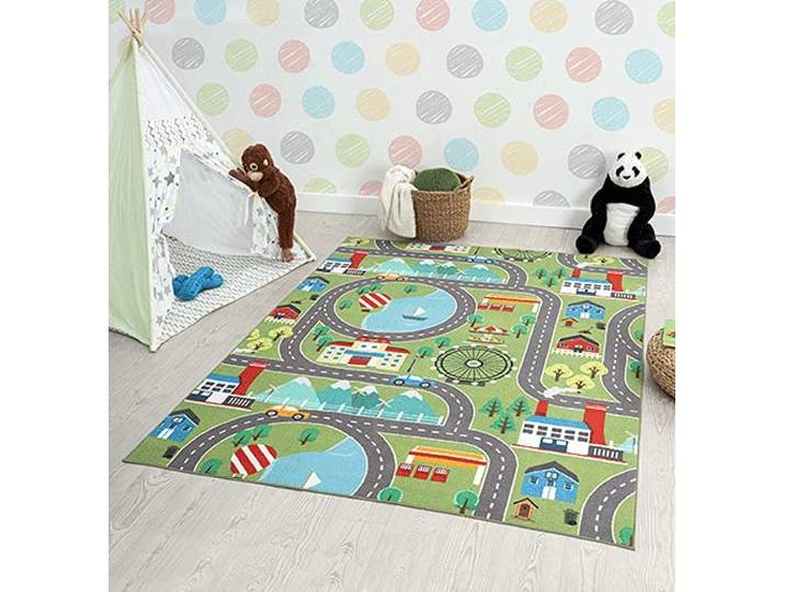 the carpet Happy Life Tapis de Jeu\, Lavable\, pour la Chambre\, Convient aux Enfants\, au Motif de la Rue\, de la Ville et des Voitures\, Vert\, 140 x 200 cm