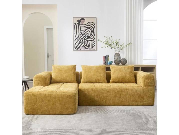 Canapé d'angle - KOMHTOM - Canapé d'angle modulable - Chenille - Jaune - 250x158x60 cm