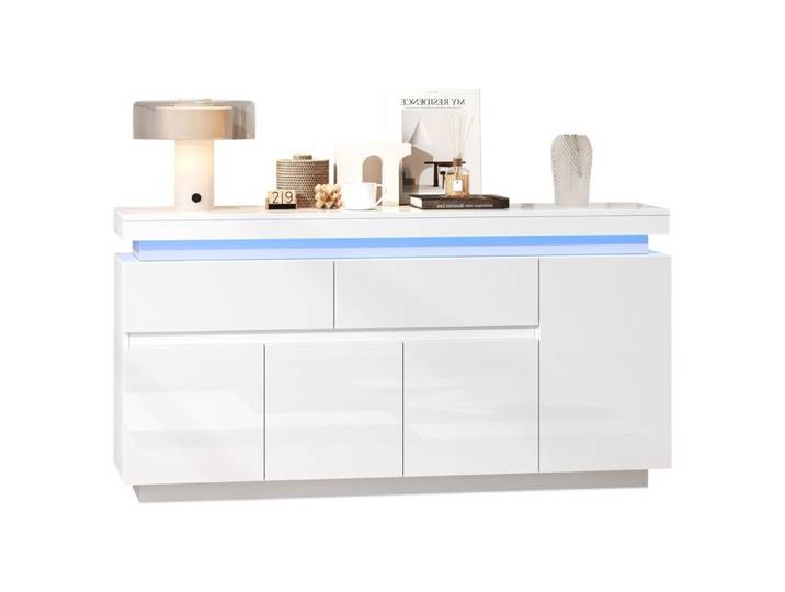 VLIVRA Buffet commode moderne avec éclairage led 4 portes et 2 tiroirs grande capacité de rangement - 140x35x72 5 cm - blanc