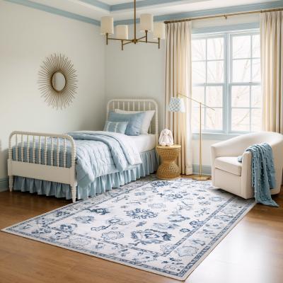 ROW Addison Vintage Traditional Ivory/ Blue Printed Washable Flat Pile Rug