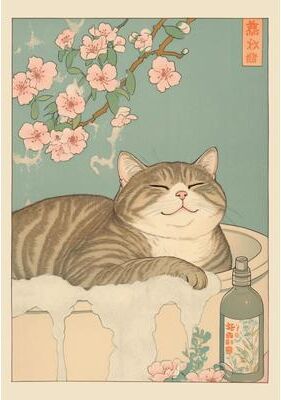 Inspire Select Japanese Tabby Cat Bathtub Canvas Wall Art Japandi Retro Aesthetic Bathroom Poster 2 15.7 23.6 In Unframed