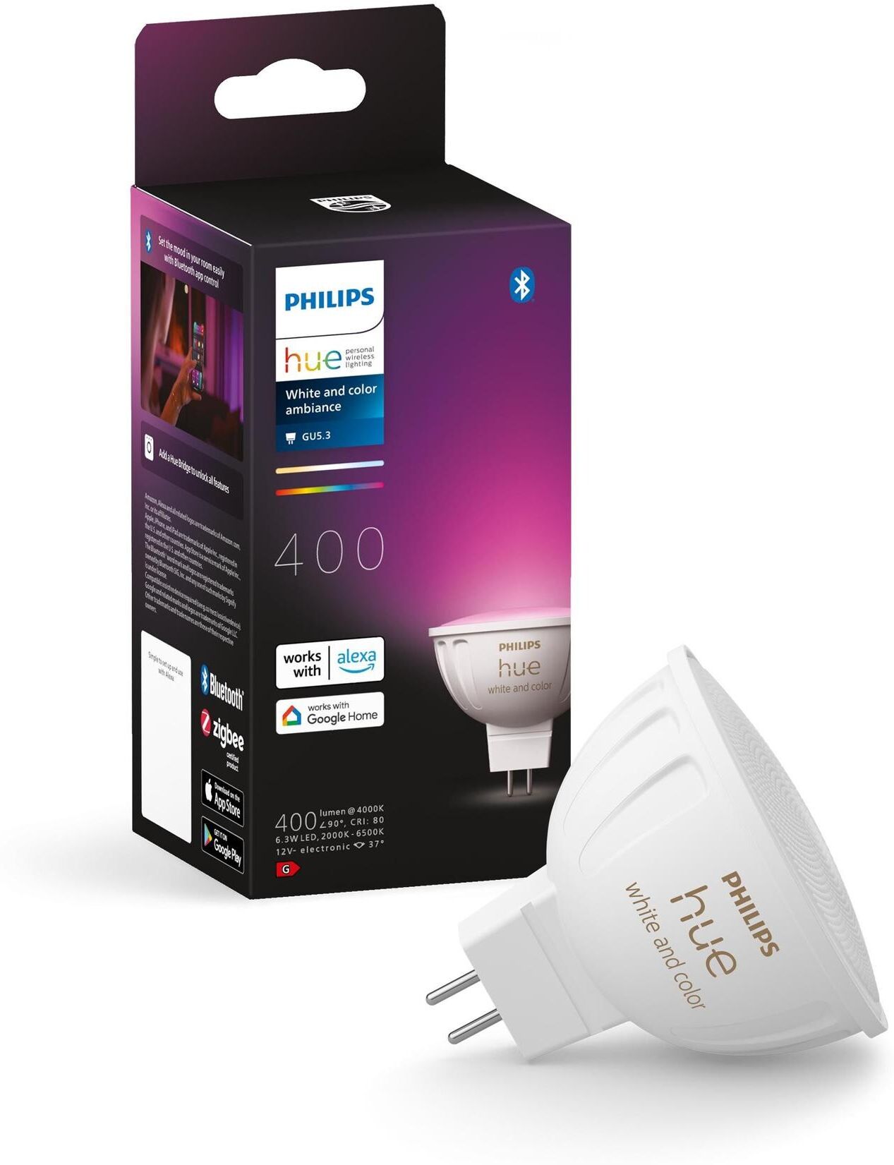 Philips HUE Smarte LED-Leuchte "White & Col. Amb. MR16 Einzelpack, 400 lm", Energieeffizienz: G, weiss (weiß), H: 4,9cm, Leuchten, Smarte LED-Leuchte weiß H: 4,9cm