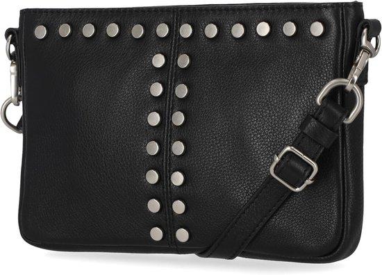 Famanu Damen Leder Schultertasche Kurzer Reißverschluss Schwarz mit Nieten
