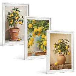 BILDER SET 3er Set - 40x60 cm Weißer Rahmen - Zitronenbäumchen im Topf und in der Vase