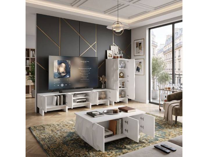 Ensemble Meubles Salon Meuble TV 180cm Grand Rangement Design Soigné Façades 3D Table Basse & Buffet Haut