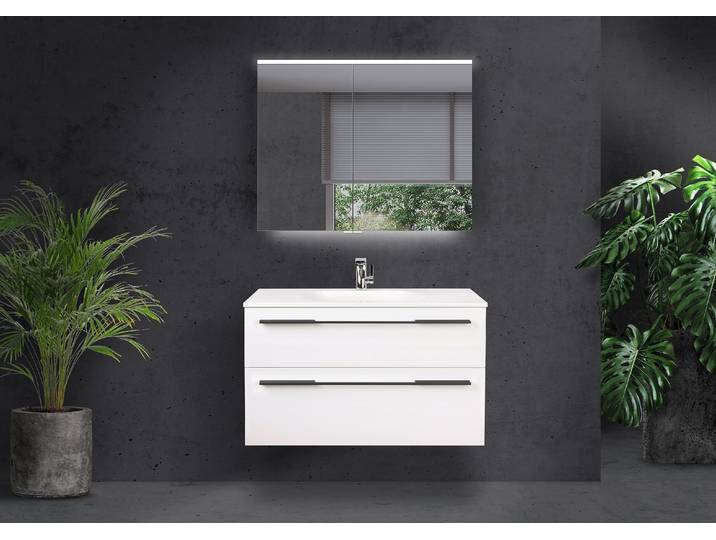 Badmöbel Set Modica 90 cm mit Evermite Waschtisch, LED Spiegelschrank, Made in Germany