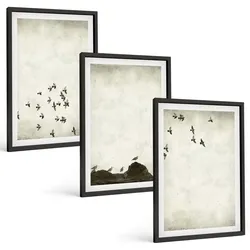 BILDER SET 3er Set - 40x60 cm Schwarzer Rahmen - Vögel im Flug, minimalistischer Stil