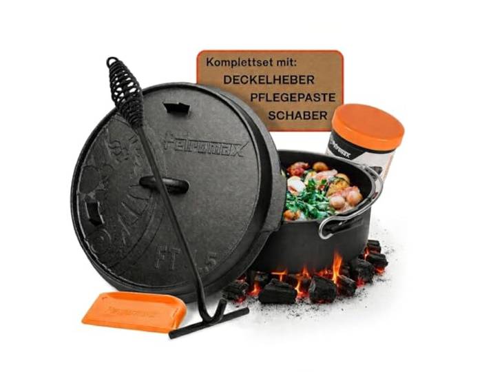 Petromax ft4,5 Feuertopf Set - Dutch Oven mit Füßen, Zubehör, 3,5 L Komplettset mit Deckelheber, Pflegepaste und Schaber, Gusseisen Kochtopf für Grill, Lagerfeuer und Backofen