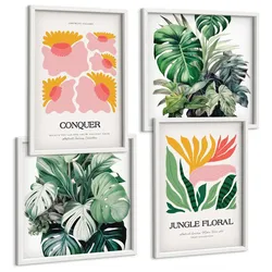 BILDER SET 4er Set - 50x50 cm & 40x60 cm Weißer Rahmen - Blumen und Blätter – moderne Poster