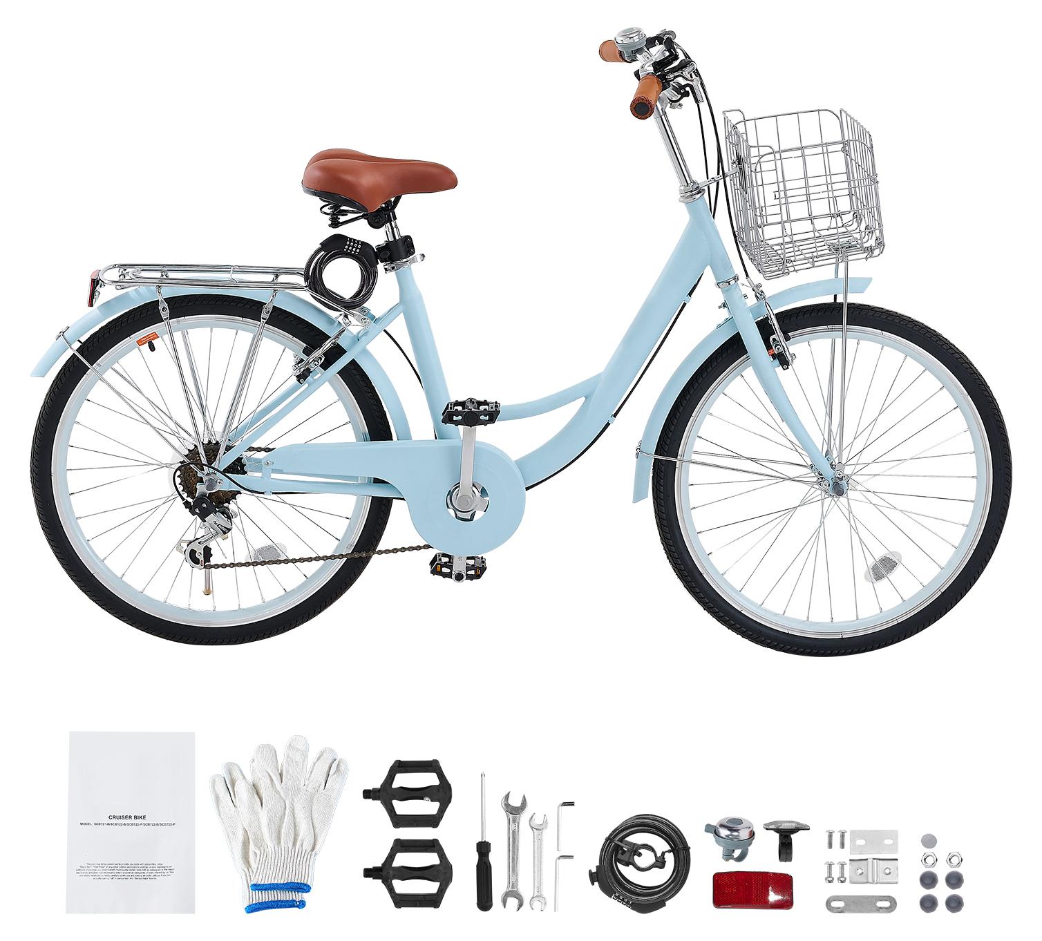 Cruiser Fahrrad mit 7 Gängen (Reifendurchmesser 660, 4 mm)Beach Fahrrad mit großem Korb & Gepäckträger, Cruiser-Fahrrad mit verstellbarem Sitz