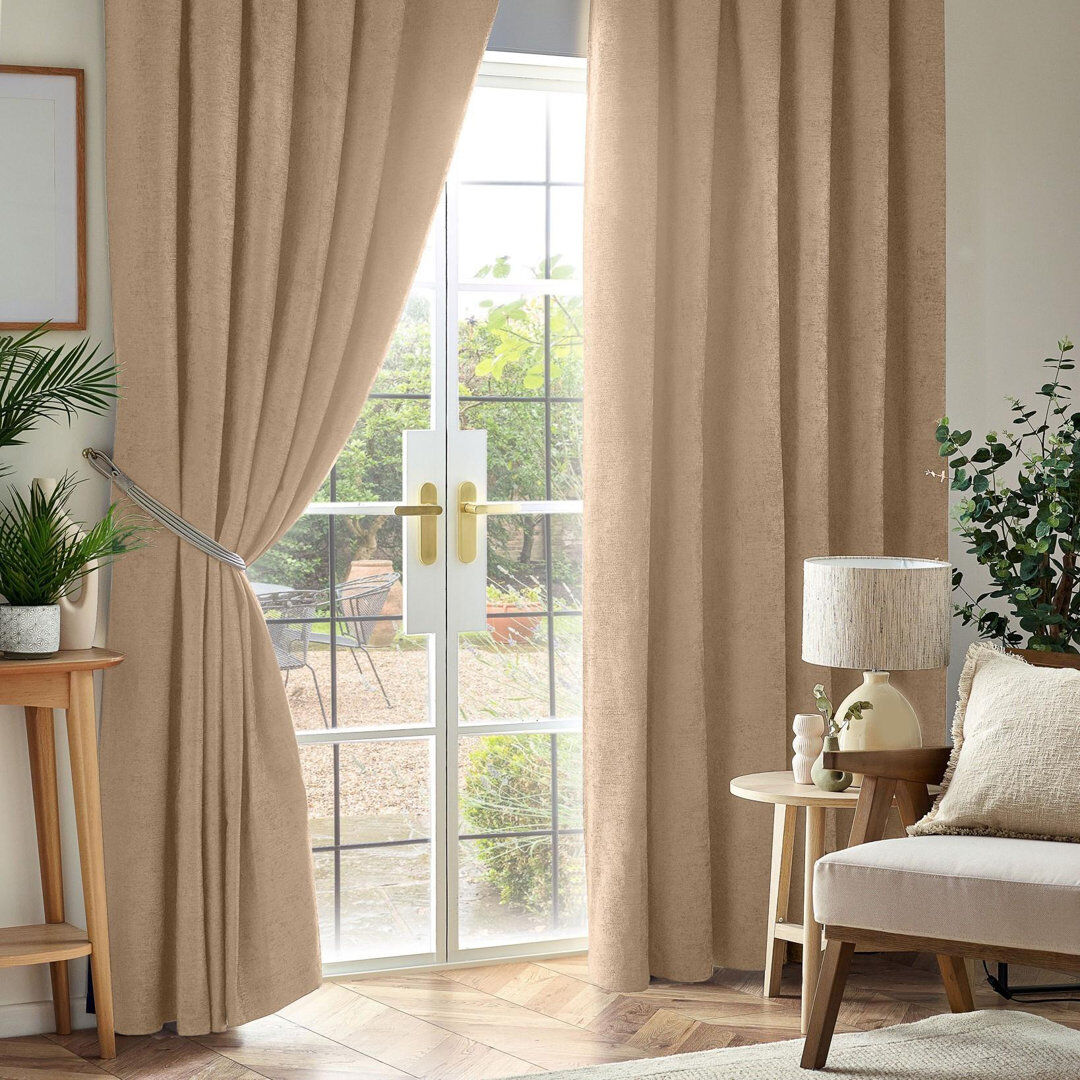 17 Stories Eilfried Chenille Pencil Pleat Taped Top Curtains Beige 229cm Width x 229cm Drop