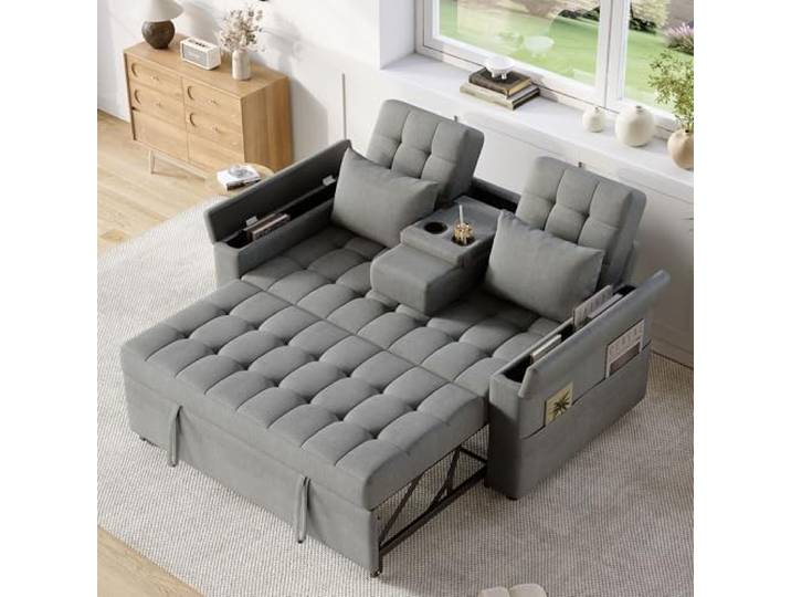Merax Schlafsofa 2-Sitzer Sofa mit Schlaffunktion, Modernes Klappsofa 3-in-1 Schlafcouch mit Verstellbarer Rückenlehne, Armlehnen-Staufächern, Getränkehalter und Seitentaschen, Grau