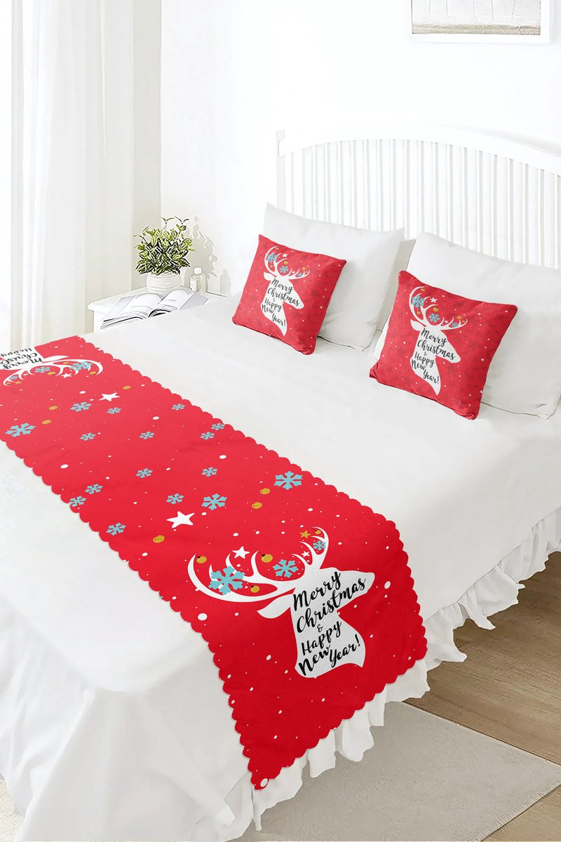De Groen Home Bedloper en Kussenhoes Set - Kerstprint - Bedrukt Velvet Textiel