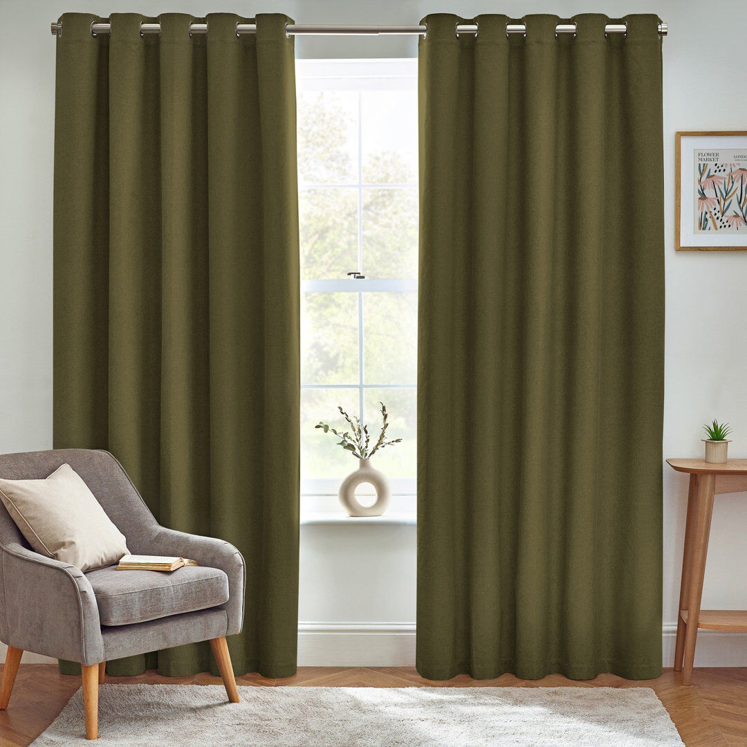 furn. Dawn 100% Blackout Thermal Eyelet Curtains Olive 168cm Width x 229cm Drop