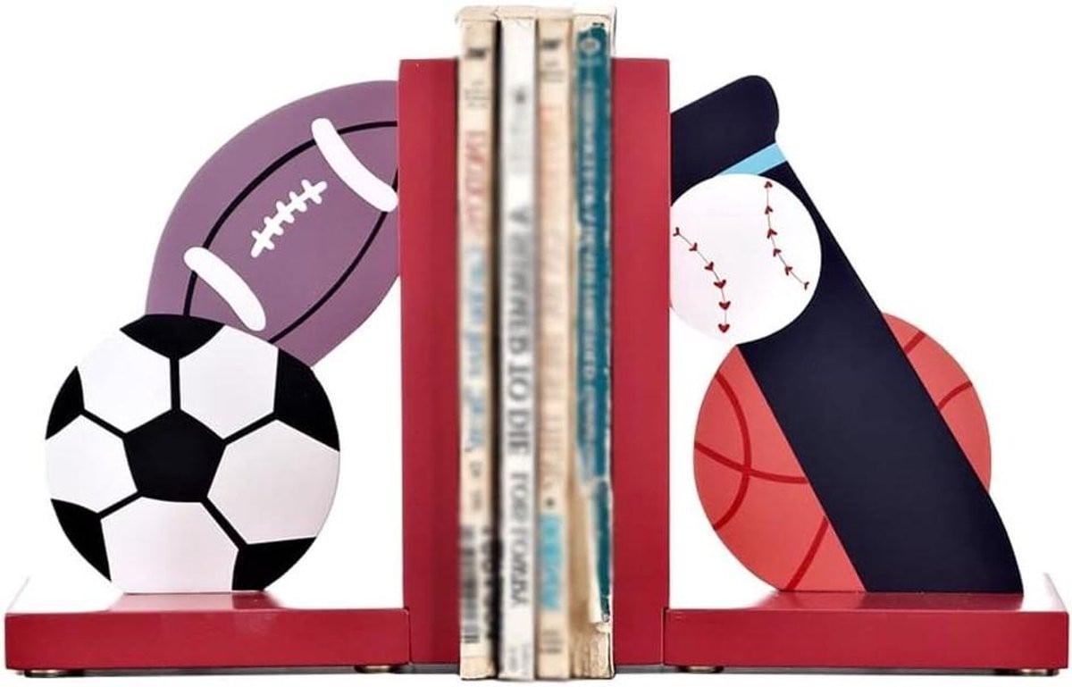 Set van 2 houten boekensteunen met creatief sportbal design