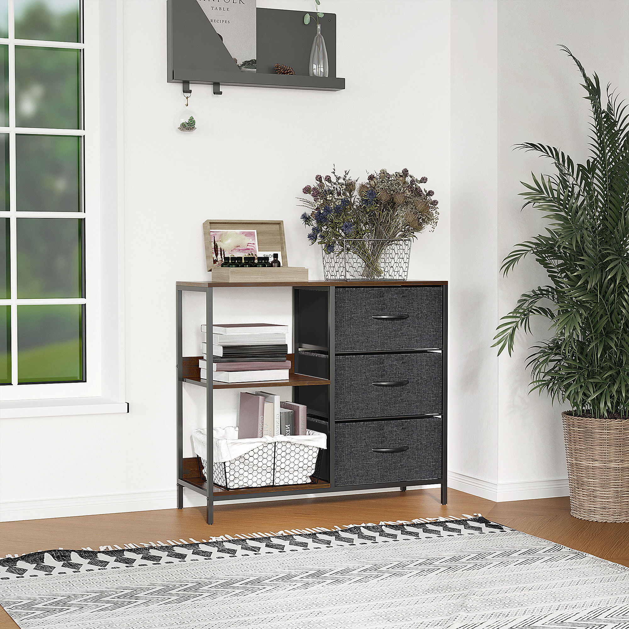 Altro Mobile Cassettiera Multiuso Con 3 Cassetti Pieghevoli In Tessuto, Arredamento Soggiorno E Camera, 80x29x71cm, Grigio Scuro