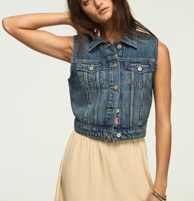 Lucky Brand Cropped Trucker Vest - Women's Clothing Outerwear Jackets Coats in Valley Girl Wash, Size S