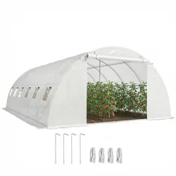 Outsunny Walk-In Tunnelgewächshaus 2 Rolltüren 12 Mesh-Fenstern PE-Abdeckung 395x595x199 cm Weiß