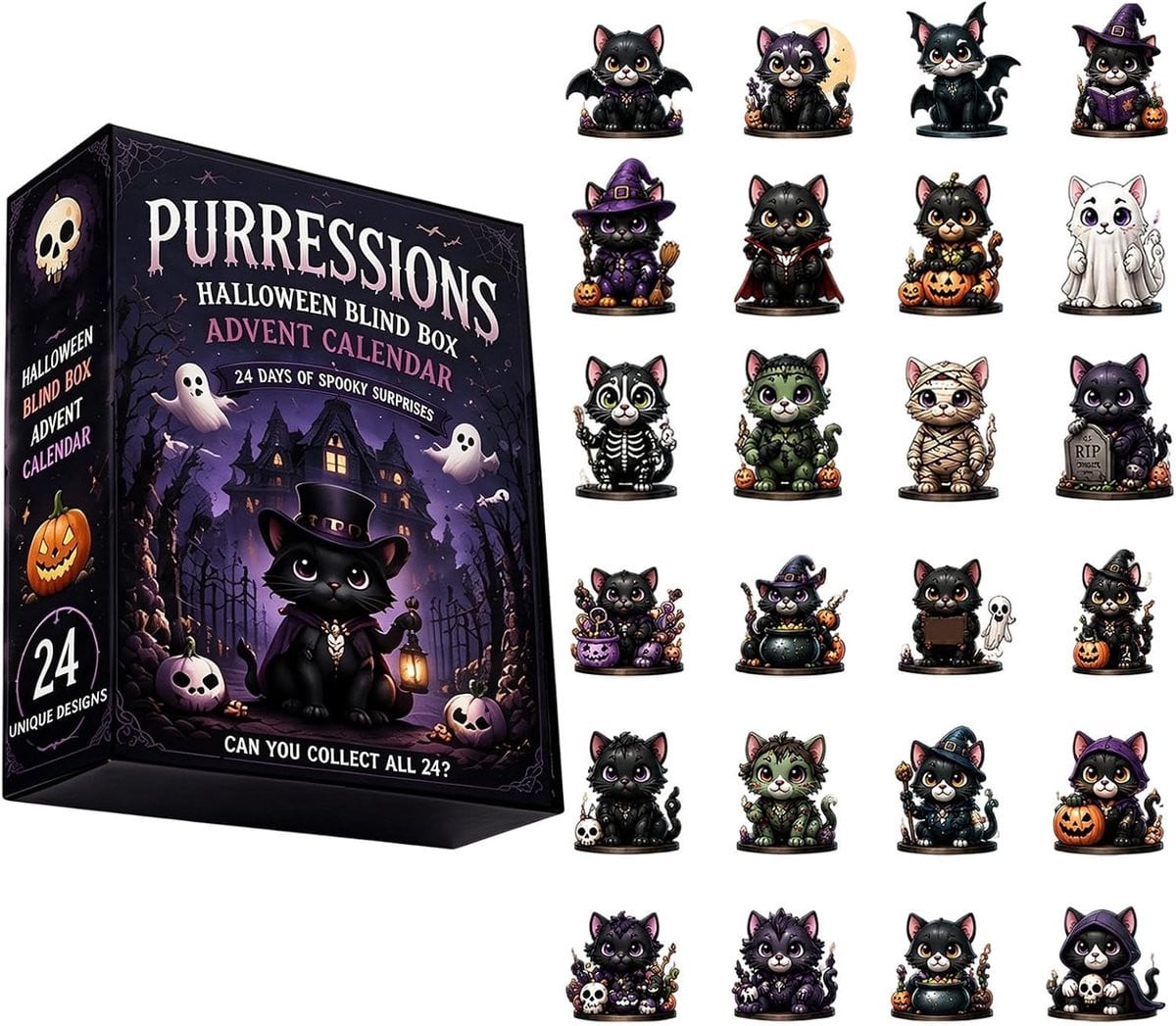 Halloween Kat Adventskalender 2026 met 24 Griezelige Kat Hangornamenten - Zwart Meerkleurig - Acryl