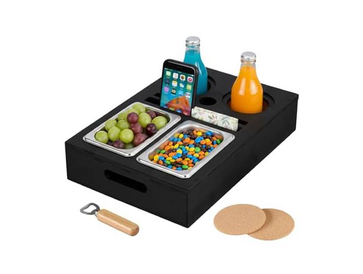 Relaxdays Plateau canapé\, pour Une soirée conviviale sur Le canapé\, contenants en Acier INOX\, Support en Bambou\, Noir
