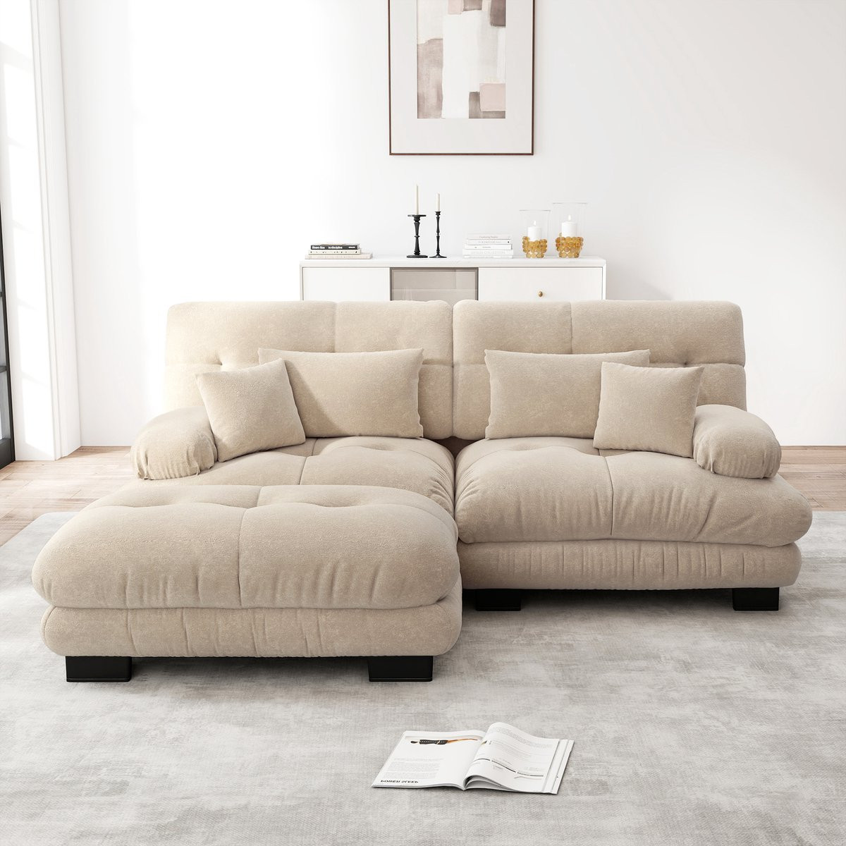 Cloud Ecksofa Chenille met Ottomane en Kussens, Lichtbruin