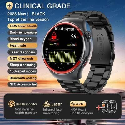 Uplifted Finds 2025 Nursing Health Laser Smartwatch   Blood Pressure & Pulse Monitor   Executive Wellness Bluetooth Call Suite black Steel 2a