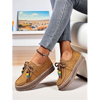 Damen Loafer Komfortschuhe Täglich Reise Muttertag Strass Perlenstickerei Plateau Flacher Absatz Runde Zehe Urlaub Lässig Komfort Kunstleder Schnürung Braun Beige