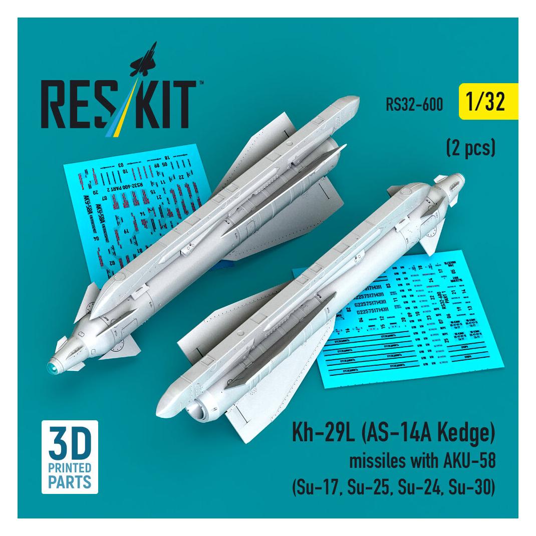 ResKit Kh-29L (AS-14A Kedge) missiles with AKU-58 (2 pcs) (Su-17, Su-25, Su-24, Su-30) (3D Printed) (RS32-0600)