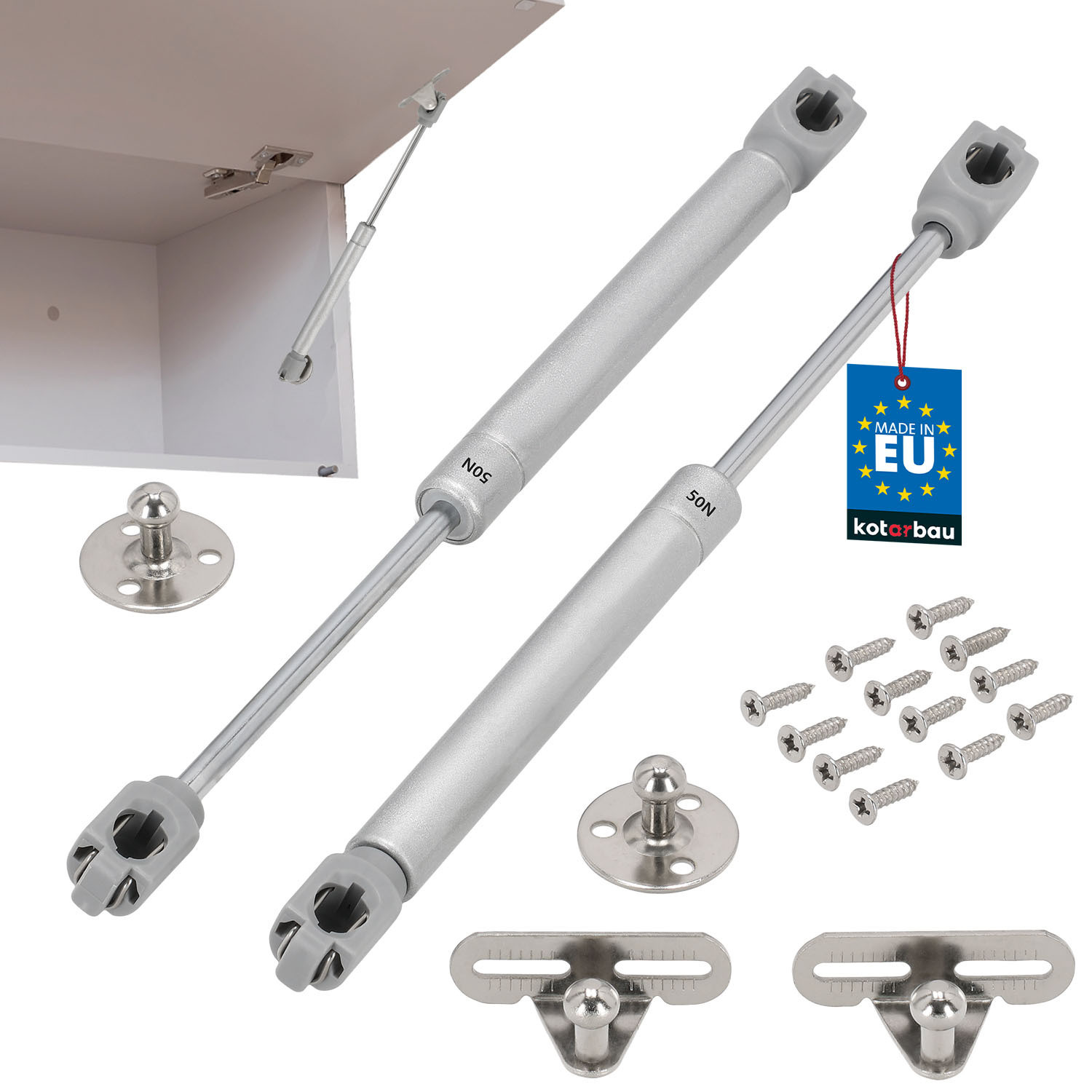 KOTARBAU Meubel-gasdrukveren 50 N, set van 2 hydraulische gasveren voor deuren of kleppen, zilver