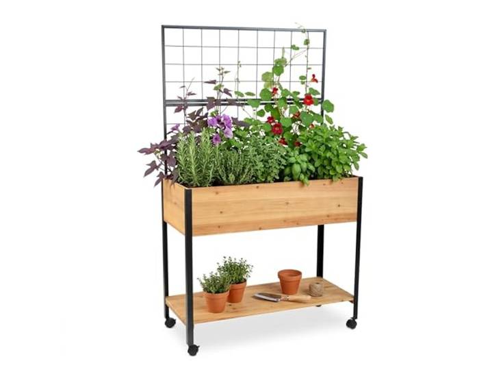 Relaxdays Potager surélevé avec Treillis\, étagère\, roulettes\, HxLxP 165x102x47\,5 cm\, Bois\, Acier\, Naturel/Noir