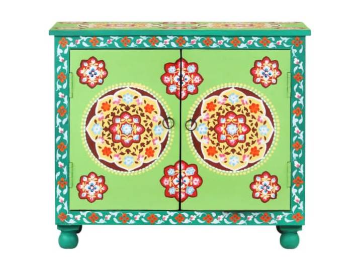 KKgypkn Sideboard Handbemalt Mehrfarbig 70x35x60 cm Mango Massivholz 2 Türen, 2 Fächer, handgemalte Blumenmuster, robuste Tischplatte, einzigartige Maserung