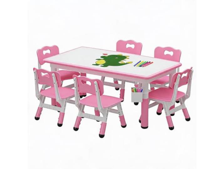 GarveeMore Höhenverstellbares Kindertisch- & Stuhlset (1 Tisch + 6 Stühle) für 2–10 Jahre – Whiteboard/Maltafel, rutschfeste Füße, inkl. Aufbewahrungsbox – Farbe: Pink Platte: Whiteboard Set: mit