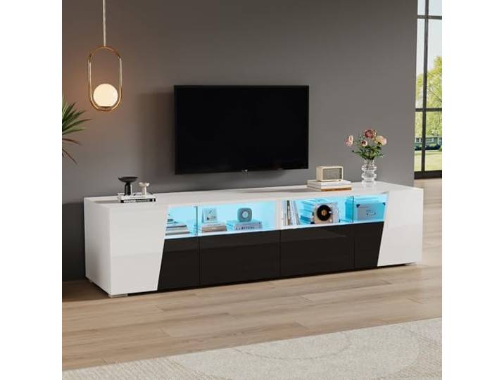 FammyLoft TV Schrank bis 80 Zoll, TV Lowboard mit LED, Fernsehtisch mit Offener Stauraum, TV Board, Fernsehschrank, Sideboard, für Schlaf- und Wohnzimmerschrank, Hochglanzdesign, Weiß + Schwarz