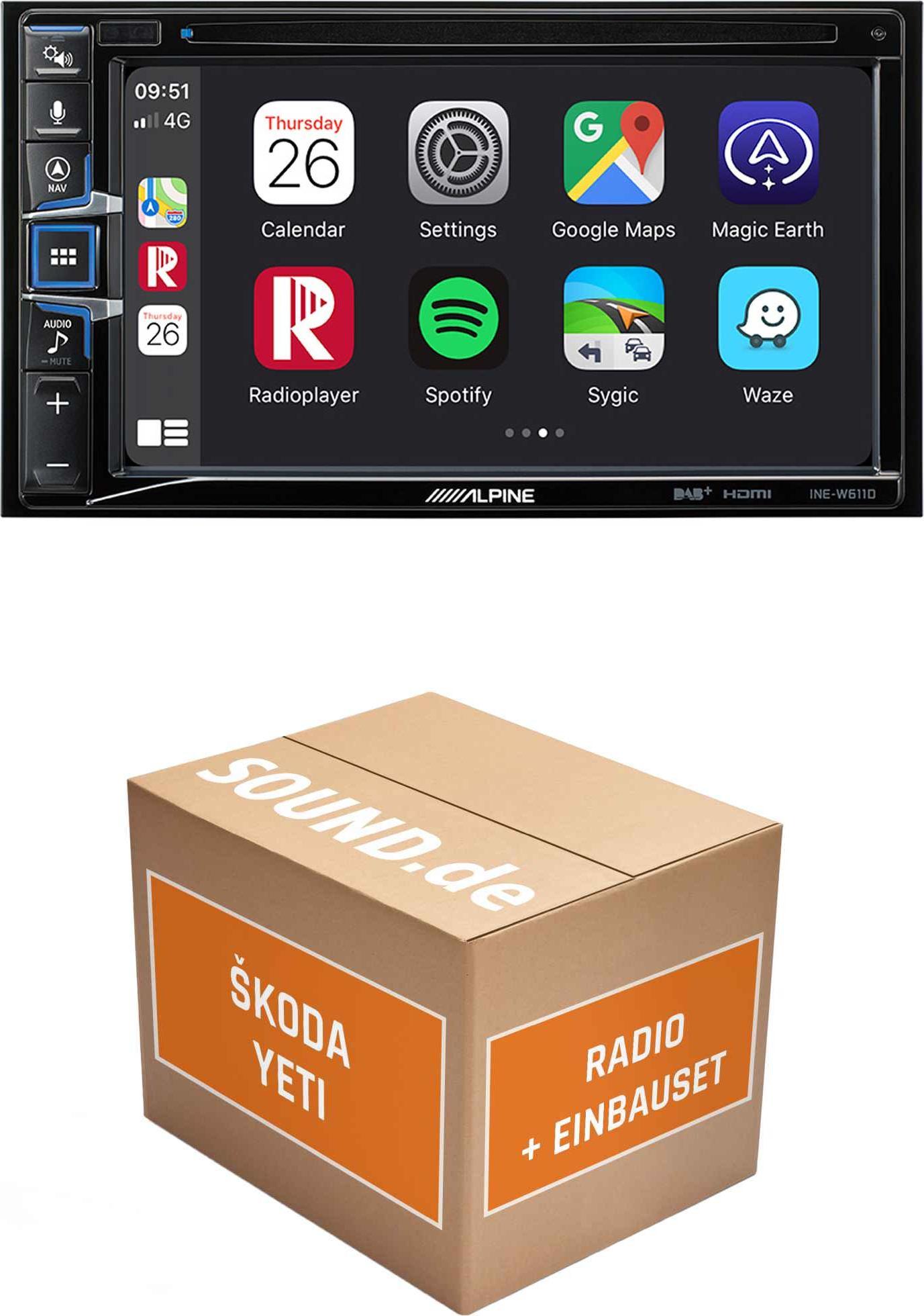 Autoradio Einbaupaket Alpine INE-W611D passend für Skoda Yeti 5L + Lenkradfernbedienung | Navigationssystem CD-/DVD-Laufwerk