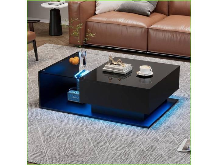 Table basse - Noir Hochglanz + Verre - LED Intelligente & 1 Tiroir - Design Moderne